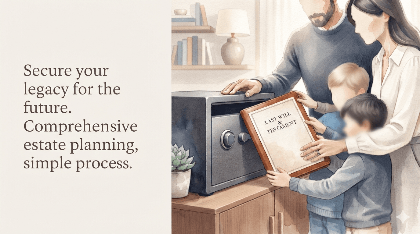 A family gathered at an open home safe, placing their signed last will and testament inside.